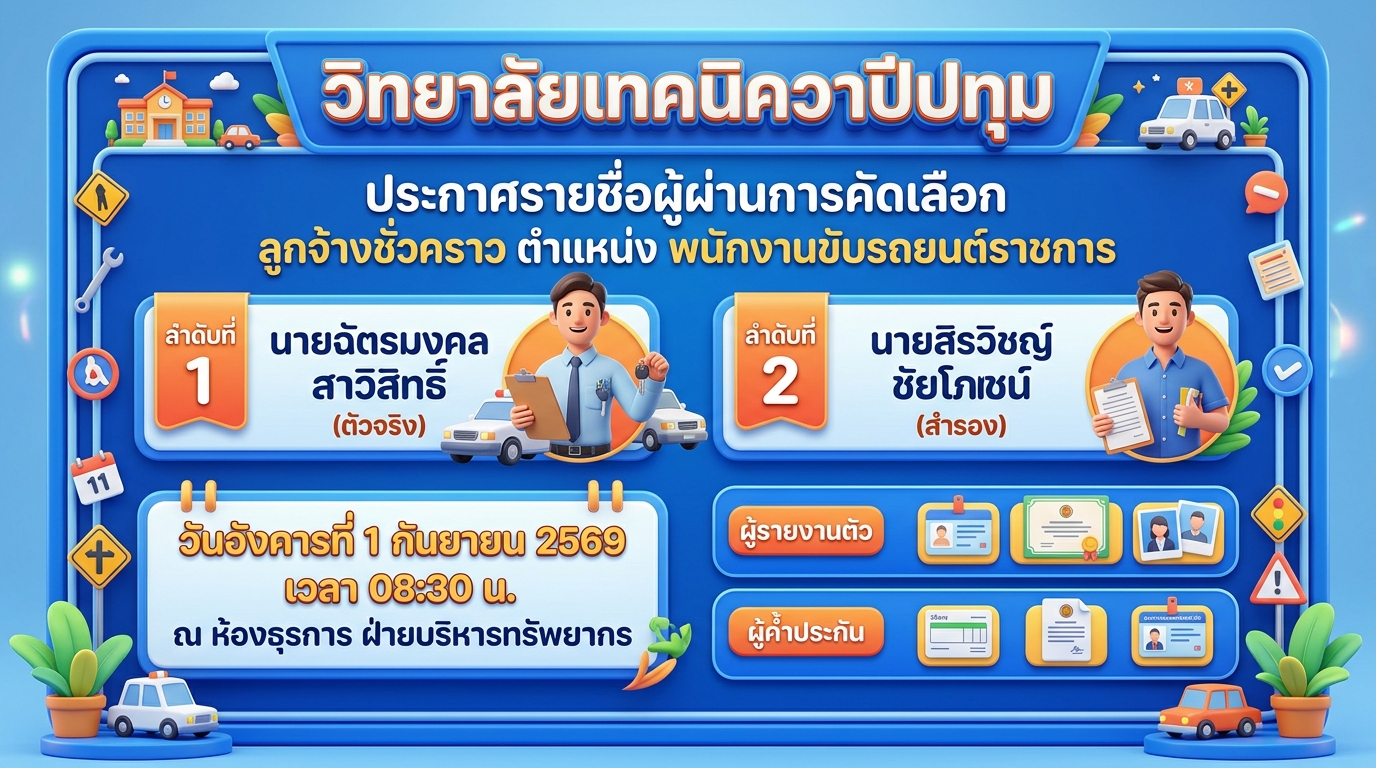 ประกาศวิทยาลัยเทคนิควาปีปทุม เรื่อง รายชื่อผู้ผ่านการคัดเลือกเพื่อบรรจุเป็นลูกจ้างชั่วคราว